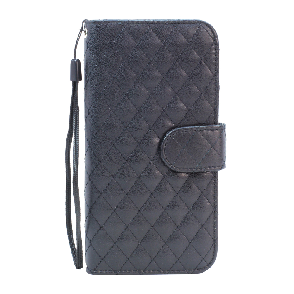 Samsung Galaxy S6 Quilted Flip LEATHER WALLET Case with Strap (Black)